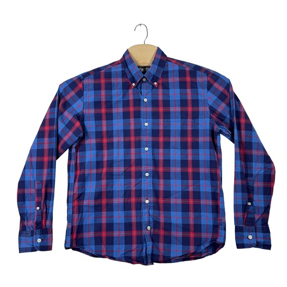 J. Crew Slim Fit Plaid Button Down Shirt Mens L Blue Red Plaid Long Sleeve‎ - Picture 2 of 7